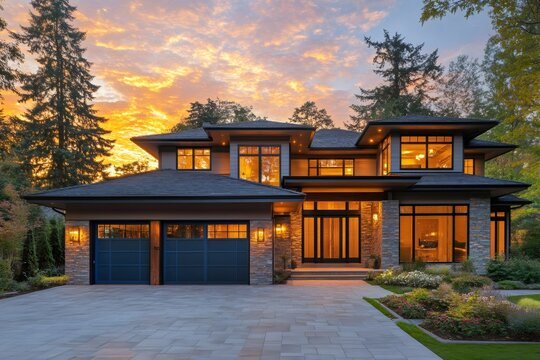 Beautiful modern luxury home exterior at sunset with dramatic orange sky - Powered by Adobe
