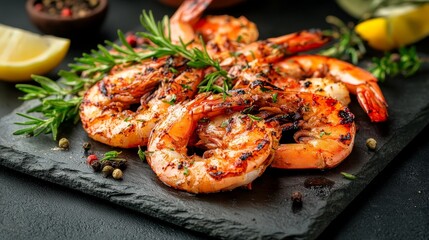 Succulent grilled shrimp on dark stone plate  a vibrant and flavorful starter dish with herbs