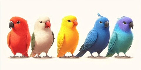 Naklejka premium Five colorful parrots standing in a row, showing off their vibrant plumage