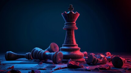 An abstract low poly 3D king chess piece, signifying a successful business leader, is depicted in front of defeated chess figures, with its digital mesh composed of blue lines, dots, and triangles