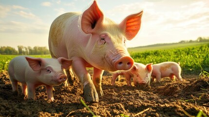 Mother pig nursing her piglets in a clean and well-ventilated pig farming environment.