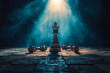 On a black background with a dark blue tone, a black king is seen among the various fallen chess pieces