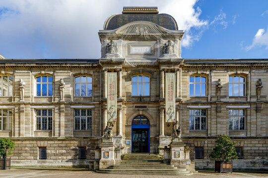 ROUEN, NORMANDY, FRANCE - FEBRUARY 5, 2025: Fine Arts Museum, main facade under the sun, "Reunion des Musees Metropolitains"