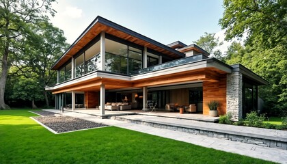 Fototapeta premium A modern house with large windows and a spacious backyard.