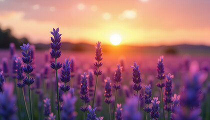 Fototapeta premium Lavender flowers blooming in a field during sunset with a picturesque orange and purple sky