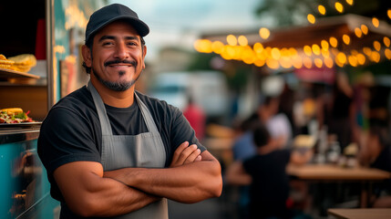 Latino food truck owner smiling with arms crossed at sunset