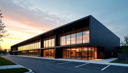 Obraz premium Modern black office building with large windows and a parking lot during sunset.