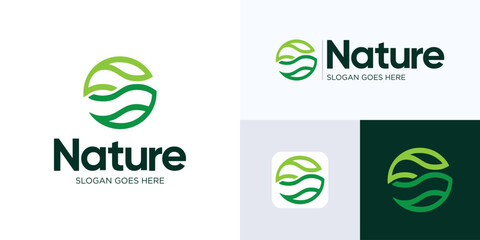 Green Nature leaves logo, Green plant or gardening logo design, Sprout leaf logotype, Agriculture vector logo concept, Ecology of environmental protection, organic icon logo, Nature farm, Icon logo S
