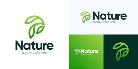 Green Nature leaves logo, Green plant or gardening logo design, Sprout leaf logotype, Agriculture vector logo concept, Ecology of environmental protection, organic icon logo, Nature farm, Icon logo P