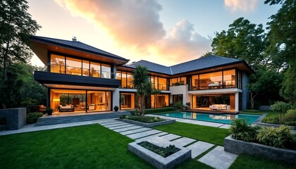 Fototapeta premium A modern two-story house with large windows and sliding glass doors offers a luxurious living experience.