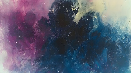 Painting of a person with blue and pink background and tulips in a cosmic abstraction style