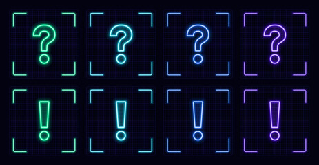 Questions exclamation mark symbol set, cyber neon visual, glowing border grid vector.	
