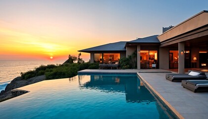 A modern house with a pool and ocean view at sunset.