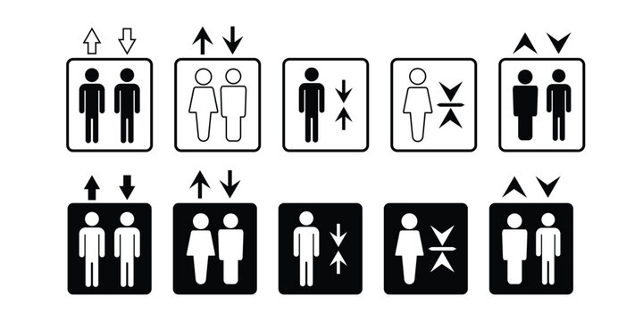 Lift symbol icon set. Elevator lift vector man, woman and arrows up, down icons website logo design. High quality outline, filled style vector icons isolated on white background. Vector image.
