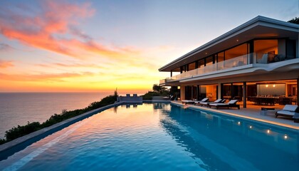 luxury villa with private pool overlooking the sea at sunset.