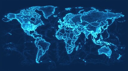 A digital, glowing blue map of the world displayed on a dark background, highlighting global geography with a modern, tech-inspired design.