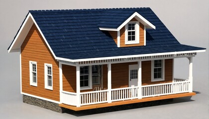 The image is a 3D rendering of two different views of an orange house with white trim and a dark blue roof.