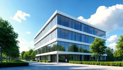 Obraz premium A modern office building with clean lines and minimalist design, featuring large windows that allow natural light to flood the interior spaces.