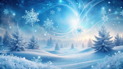 Naklejka premium Ethereal winter landscape with swirling snowflakes and sparkling ice crystals in a soft blue sky, peaceful, serene, peaceful, serene