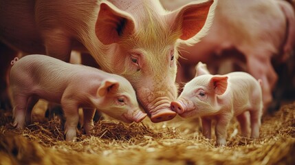 Piglets feeding from their mother in a well-managed pig farm, showing a nurturing and natural environment.