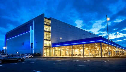 Obraz premium A large grey building with blue lights is shown at night from two different angles.