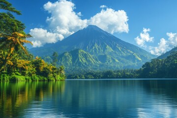 Lake reflecting lush vegetation and majestic volcano under cloudy sky