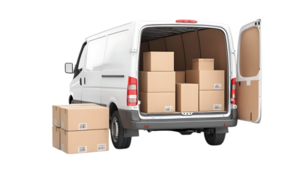 cargo van with cardboard packing boxes 3d png