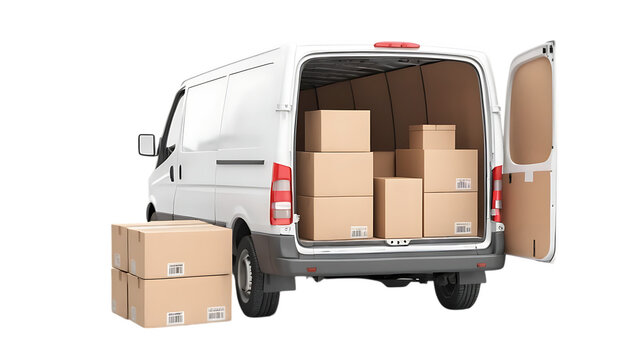 cargo van with cardboard packing boxes 3d png