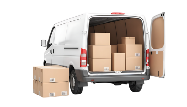 cargo van with cardboard packing boxes 3d png