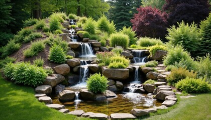 Garden decor from green plants and a miniature waterfall.