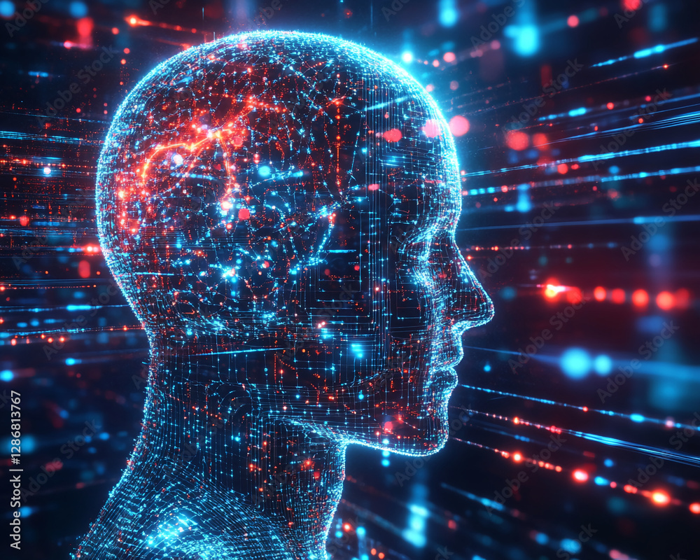 Poster 3d digital wireframe rendering of a human head with glowing neural networks, representing artificial