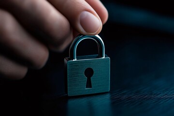Hand holding small padlock protecting information security