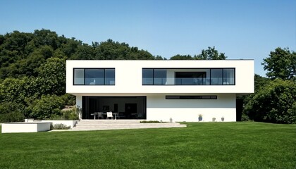 Modern Minimalist White House on a Hill Overlooking Trees and Clear Blue Sky.