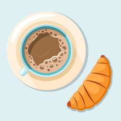 Coffee cup on saucer with frothy foam and a croissant, top view. Soft pastel colors, minimalistic style. Cozy breakfast, cappuccino, pastry. Isolated vector with warm tones.