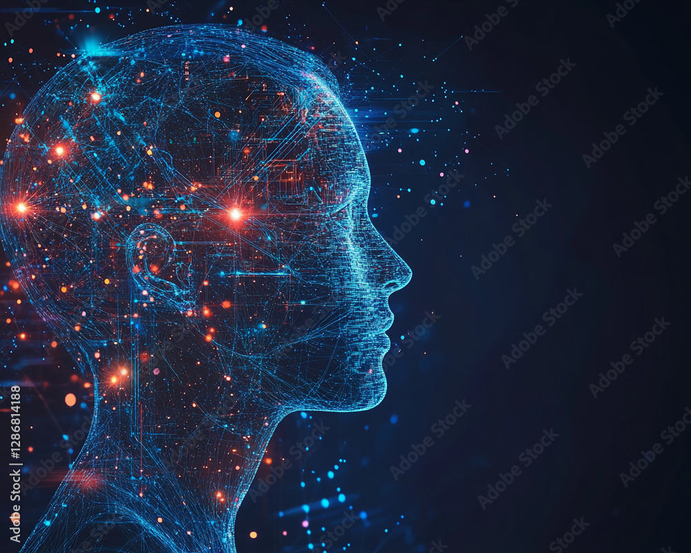 Poster 3d rendering of a glowing digital human head profile with connected neural networks and abstract dat