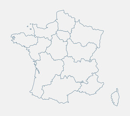 Outline France map isolated on white background. France map. France map outline template. Editable France map outline with regional divisions. Vector illustration