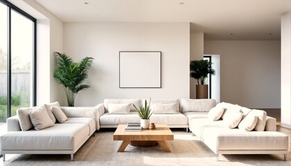 A modern minimalist living room with white couches and plants.