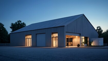 Modern industrial design of a large gray warehouse with an open front and illuminated interior.