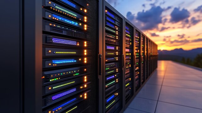 Array of Servers on Tile Floor at Sunset with Mountains and Trees Background