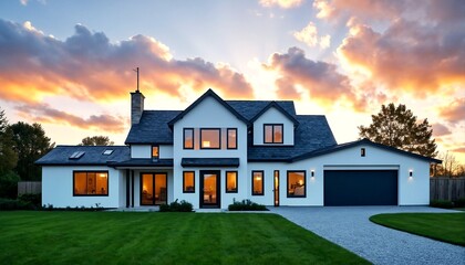 A large white house with black trim and a dark blue roof is shown at sunset.