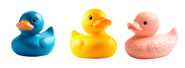 Set of classic yellow red blue rubber duck isolated on transparent background