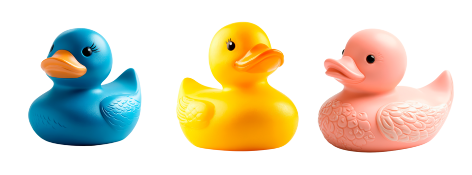 Set of classic yellow red blue rubber duck isolated on transparent background