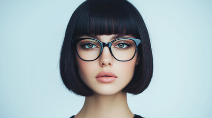 Fototapeta premium glasses, A young woman, age 20-35, with a jet-black bob hairstyle, styled short and sleek with straight bangs. Her hair has a high-gloss shine, giving it a bold and classic appearance
