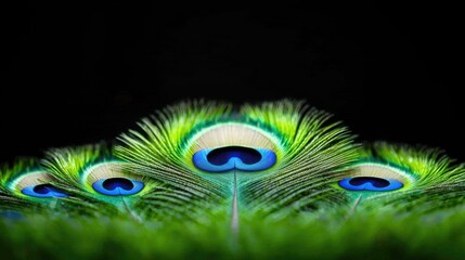 Obraz premium Peacock Feather Detail, Vivid Colors Against Black Background. Possible use for nature or beauty-related themes