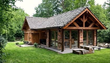 Fototapeta premium A modern house with a wooden and brick exterior, featuring a covered patio area and surrounded by trees.