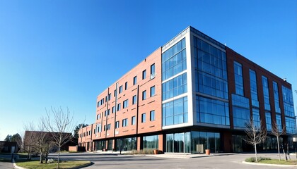 Obraz premium A red brick building with large windows and multiple stories.