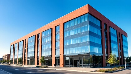 Obraz premium A four-story office building with a red brick exterior and large windows is situated on a street corner.