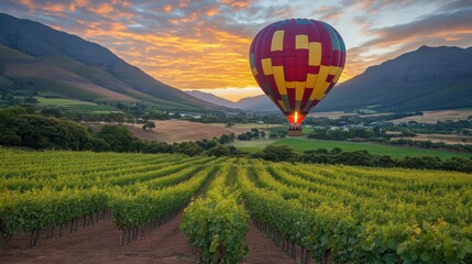 Naklejka premium Hot Air Balloon Over Vineyard at Sunrise in Scenic Landscape with Mountains and Rolling Hills