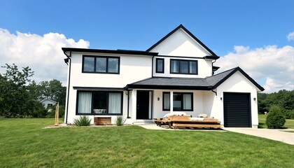 Two images of a house with a white exterior and black trim.