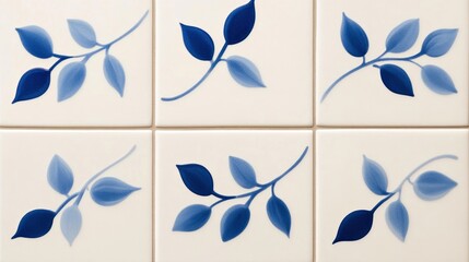Elegant Hand painted azulejo wall with flowing floral vines scrolls and classic Mediterranean shapes in shades of blue and white 